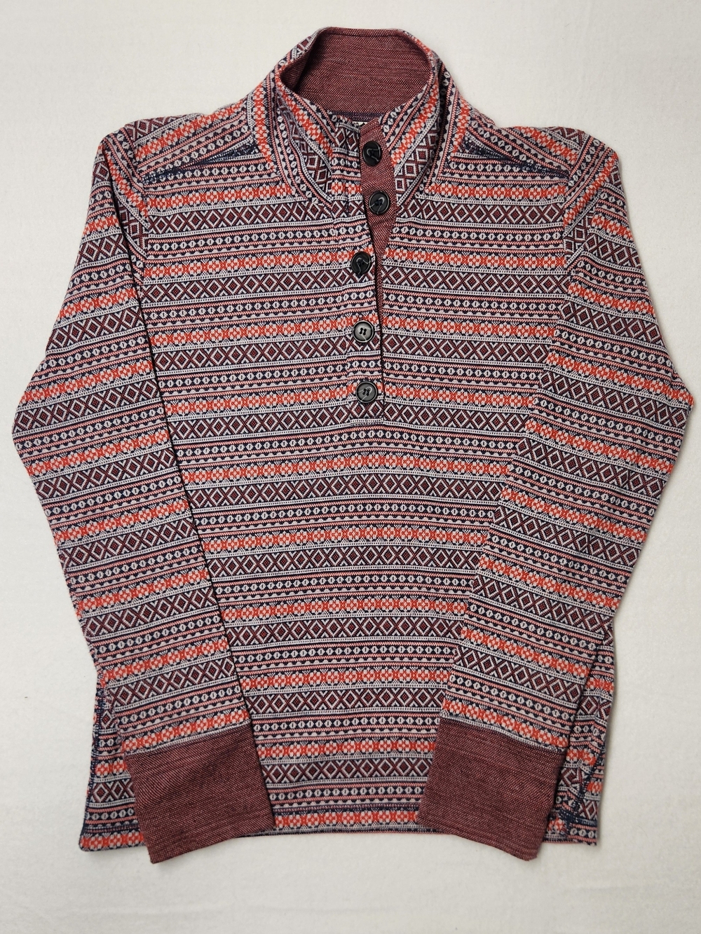 KAVU Lopez Aztec Mock Neck Henley Pullover Shirt Thumbholes Burgundy Gorpcore M